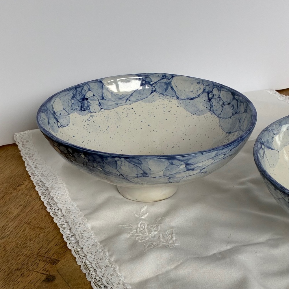2 Spanish Artisan Bubble Glaze Stoneware Bowls Coastal Nautical Farmhouse Chic